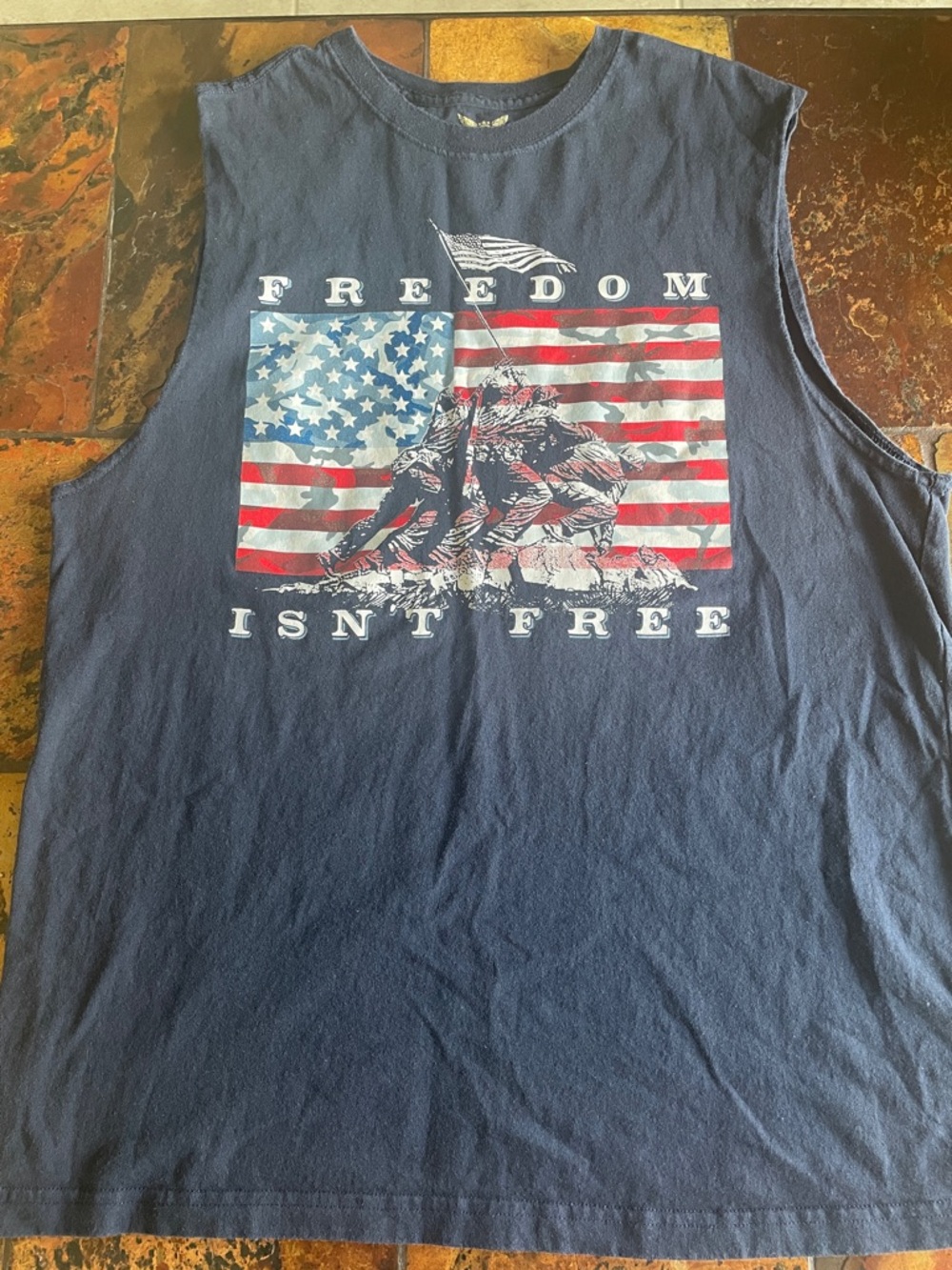 Navy Sleeveless Tee with American Flag "Freedom Isn't Free" Graphic (295)